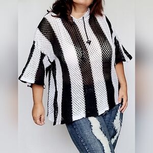 BTC Women's Crochet Organic Ramie/Cotton Top Hoodie Oversized Striped XL
